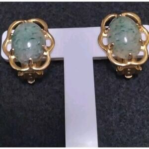 Vintage Earrings Clip-ons Green Stone Cabochons In Goldtone Metal Patent Number